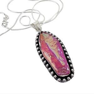 Rough titanium silver pendant necklace - pink with yellow and orange